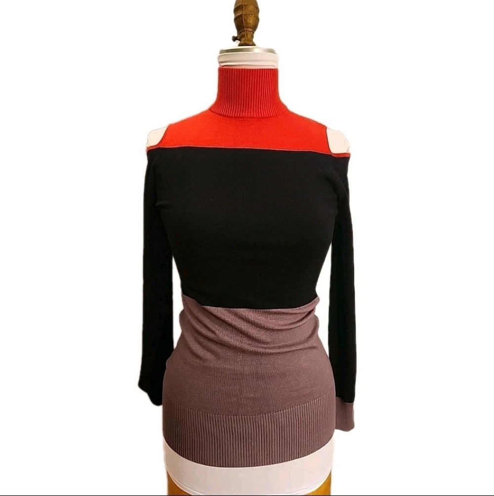 GERI C. NEW YORK Womens Color Block Cold Soulder Turtleneck Jrs L Blk Grey Coral